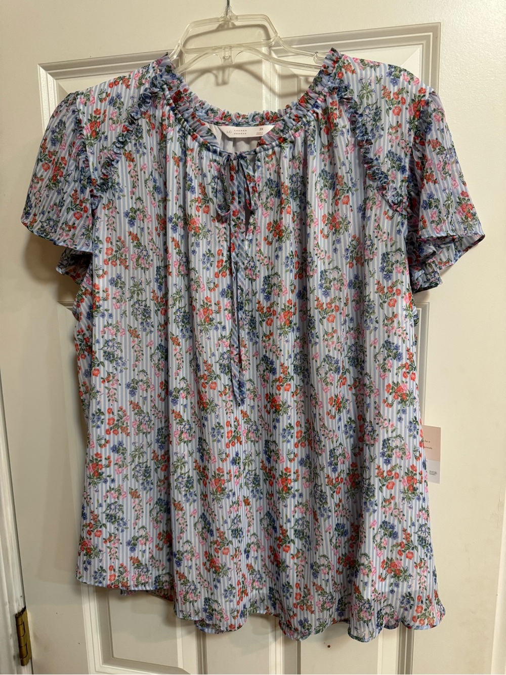LC Lauren Conrad Light Blue Floral Ruffle-Neck Blouse